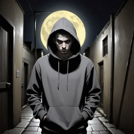 Prompt: Character portrait of a hooded figure in a dark alleyway, darkly shadowed face, yellowish full moon in the background, atmospheric lighting, digital painting, intense gaze, mysterious aura, urban setting, highres, dark tones, moonlit night, litter on ground, hooded sweatshirt, professional, lyco art, character portrait, Keos Masons, moonlit alleyway, intense eyes, atmospheric lighting, digital painting