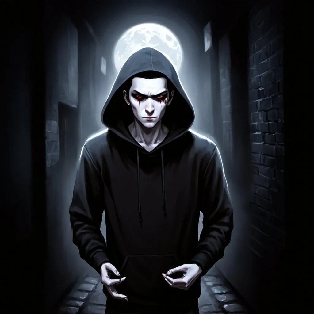 Prompt: Character portrait of a hooded figure in a dark alleyway, full moon in the background, atmospheric lighting, digital painting, detailed facial features, intense gaze, mysterious aura, urban setting, highres, dark tones, moonlit night, hooded sweatshirt, professional, lyco art, character portrait, Keos Masons, moonlit alleyway, intense eyes, atmospheric lighting, digital painting