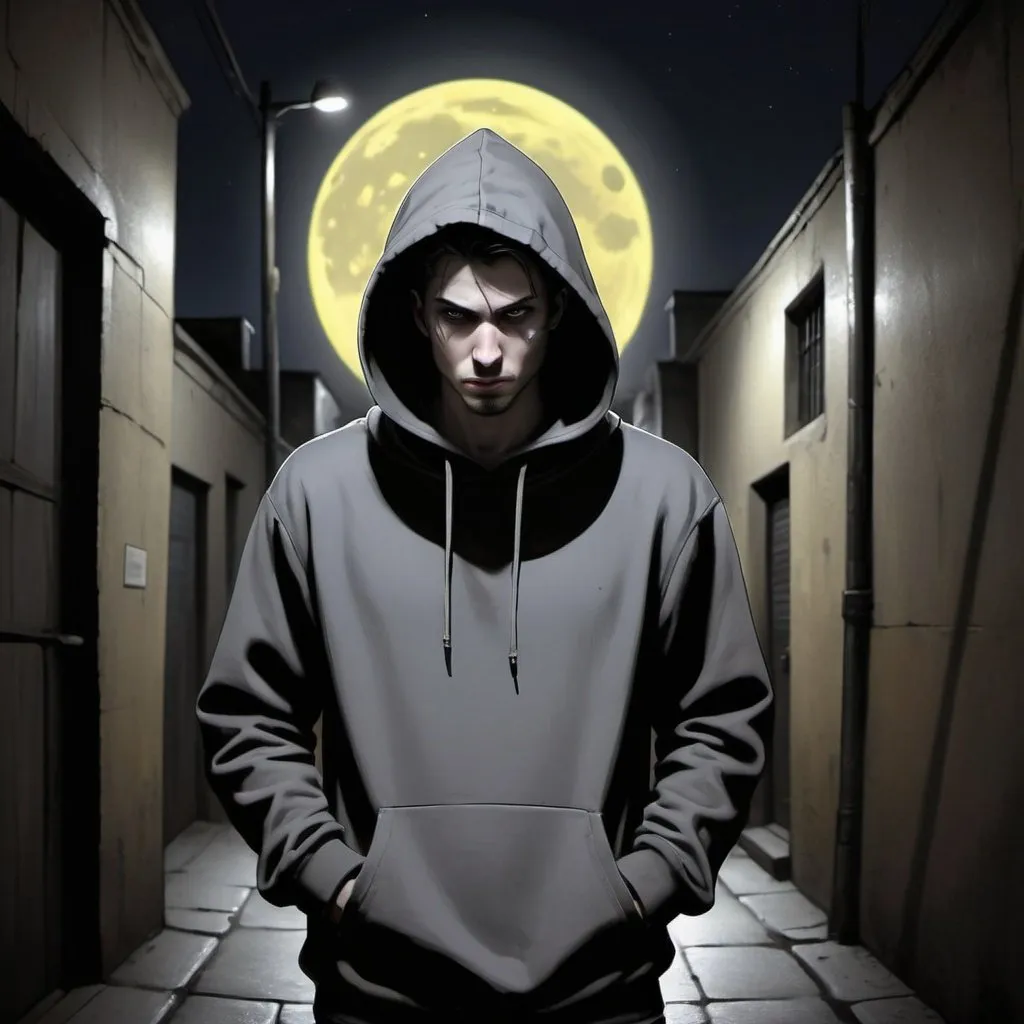 Prompt: Character portrait of a hooded figure in a dark alleyway, darkly shadowed face, yellowish full moon in the background, atmospheric lighting, digital painting, intense glowing gaze, mysterious aura, urban setting, highres, dark tones, moonlit night, hooded sweatshirt, professional, lyco art, character portrait, Keos Masons, moonlit alleyway, intense eyes, atmospheric lighting, digital painting