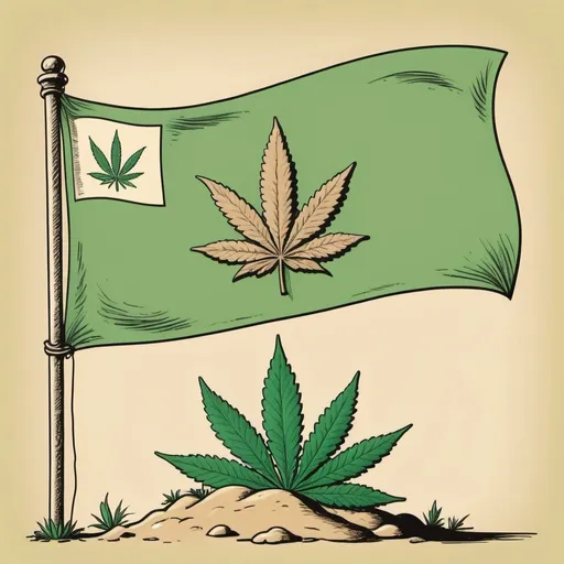 Prompt: Light green flag with marijuana leaf in center, small numbers 420 in beige on flag background, Robert Crumb style drawing, 1960s hippy holding pole, flag on pole in ground, high quality, detailed, vintage, Robert Crumb style, 1960s, hippie, marijuana leaf, light green, beige, retro, detailed illustration, iconic, ground pole, peaceful vibes, artistic cartoon, vibrant colors, unique perspective, whimsical