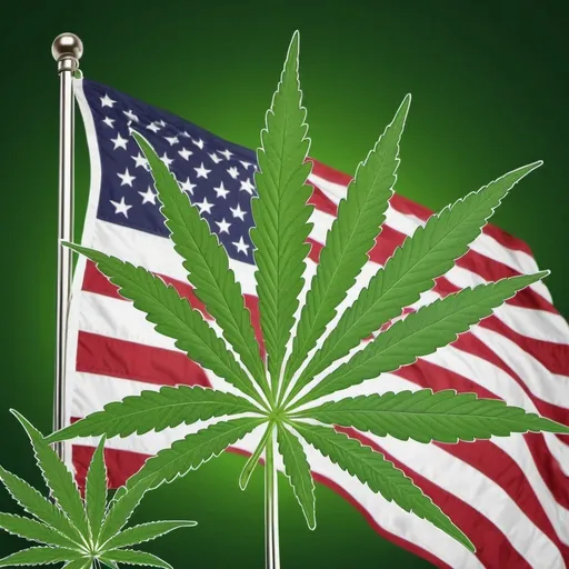 Prompt: Marijuana-themed American flag, vibrant green and white stripes, marijuana leaves instead of stars, high-res, digital illustration, patriotic, green background, detailed marijuana leaves, realistic flag texture, professional, vibrant colors, high quality, USA flag, marijuana leaves, digital art, realistic, detailed, patriotic theme, vibrant green, white stripes