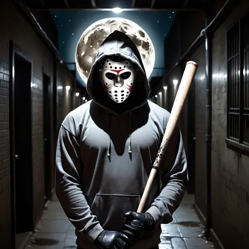 Prompt: a man in a hooded sweatshirt wearing hockey mask standing in a hallway with a full moon in the background and a dark alley way, black gloves holding baseball bat, Cedric Seaut (Keos Masons), lyco art, dark night, a character portrait