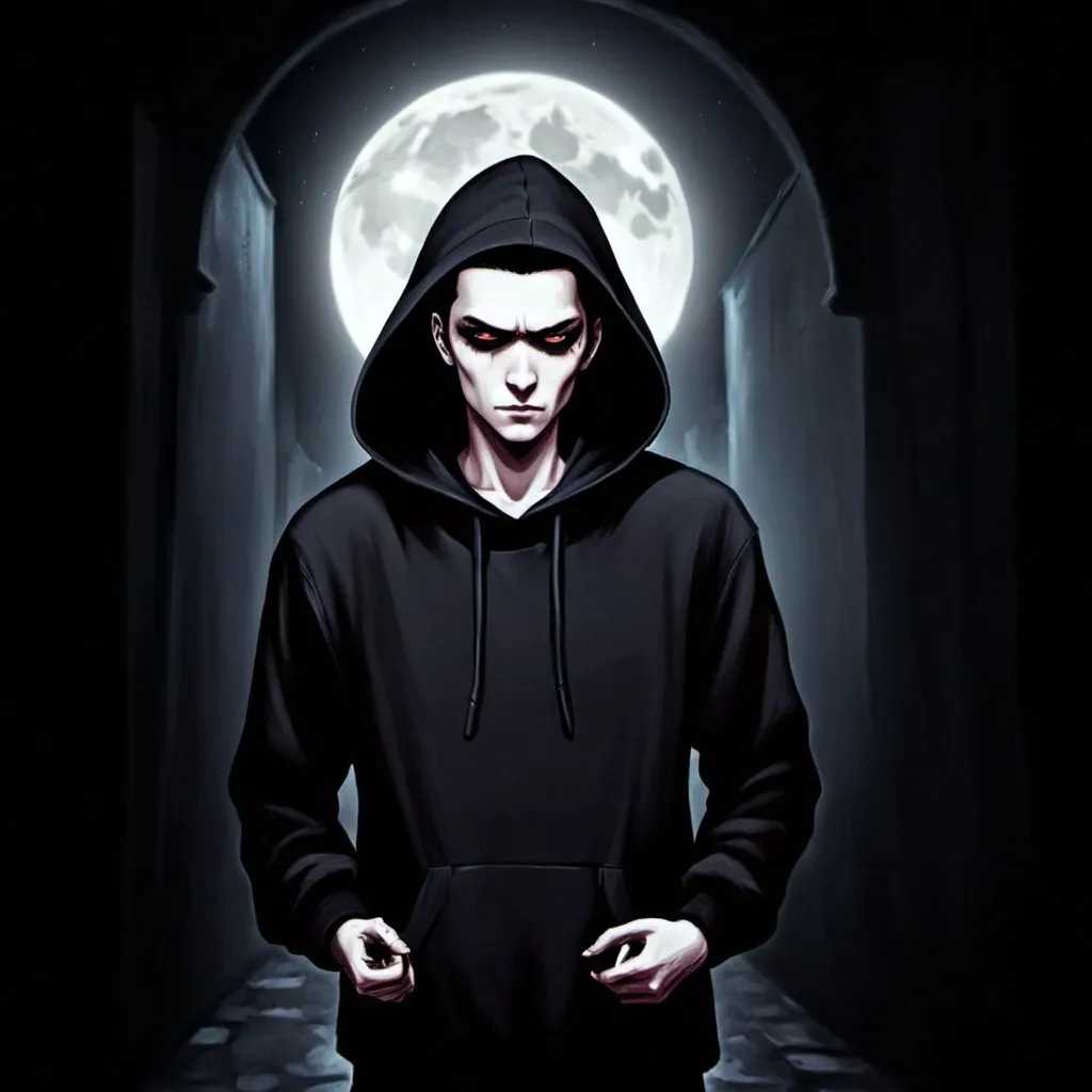 Prompt: Character portrait of a hooded figure in a dark alleyway, full moon in the background, atmospheric lighting, digital painting, detailed facial features, intense gaze, mysterious aura, urban setting, highres, dark tones, moonlit night, hooded sweatshirt, professional, lyco art, character portrait, Keos Masons, moonlit alleyway, intense eyes, atmospheric lighting, digital painting