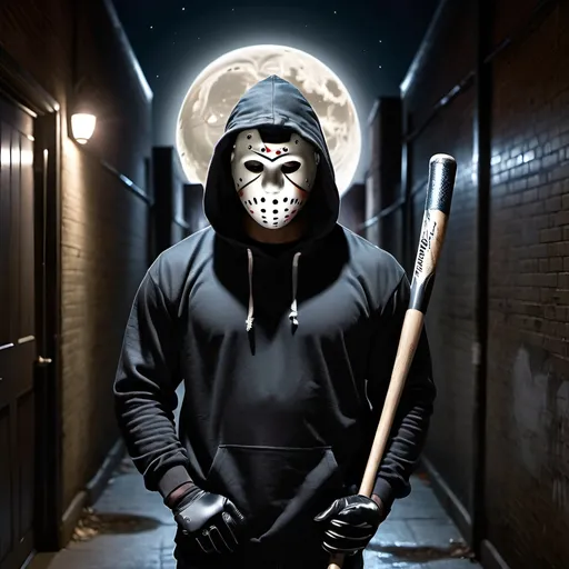 Prompt: a man in a hooded sweatshirt wearing hockey mask standing in a hallway with a full moon in the background and a dark alley way, black gloves holding baseball bat, Cedric Seaut (Keos Masons), lyco art, dark night, a character portrait