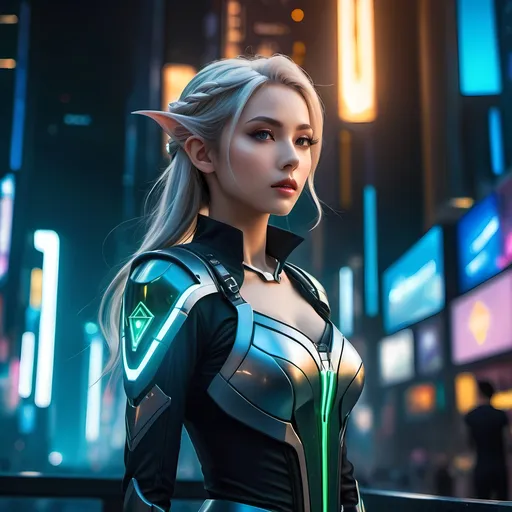 Prompt: （Anime Cyberpunk style）, highly detailed, HD, dark background, professional modeling photo hyper realistic beautiful woman enchanted, full body surrounded by ambient glow, magical, highly detailed, intricate, outdoor landscape, high fantasy background, elegant, mythical, surreal lighting, majestic, goddesslike aura, Annie Leibovitz style, Elf Guardian, Fantasy Life, Elf , young Caucasian woman, Lord of the Ring Elf, , ethereal lighting