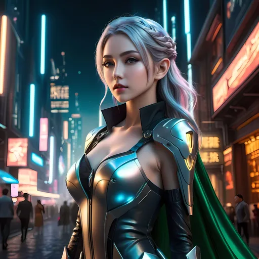 Prompt: （Anime cyberpunk style）, highly detailed, HD, dark background, professional modeling photo hyper realistic beautiful woman enchanted, full body surrounded by ambient glow, magical, highly detailed, intricate, outdoor landscape, high fantasy background, elegant, mythical, surreal lighting, majestic, goddesslike aura, Annie Leibovitz style, Elf Guardian, Fantasy Life, Elf , young Caucasian woman, Lord of the Ring Elf, , ethereal lighting