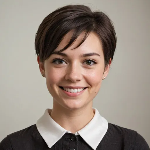 Prompt: A happy housewife in her twenties. She has a short pixie haircut with sideswept bangs. This hairstyle should be neat, stylish, and practical, suggesting that it doesn’t take much time to look great. The setting is indoors, with a soft, neutral background to keep the focus on her and her haircut. She is wearing a modest blouse with a white collar.
RAW photo, (high detailed skin:1.2), 8k uhd, dslr, soft lighting, high quality, film grain, Fujifilm XT3, photorealistic image
