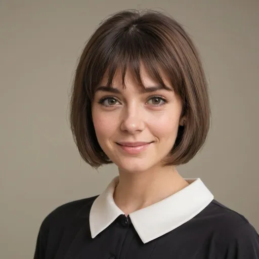 Prompt: A happy housewife in her twenties. She has a layered bob haircut with short bangs that looks easy to maintain, often referred to as a 'mom cut'. This hairstyle should be neat, stylish, and practical, suggesting that it doesn’t take much time to look great. The setting is indoors, with a soft, neutral background to keep the focus on her and her haircut. She is wearing a modest blouse with a white collar.
RAW photo, (high detailed skin:1.2), 8k uhd, dslr, soft lighting, high quality, film grain, Fujifilm XT3, photorealistic image
