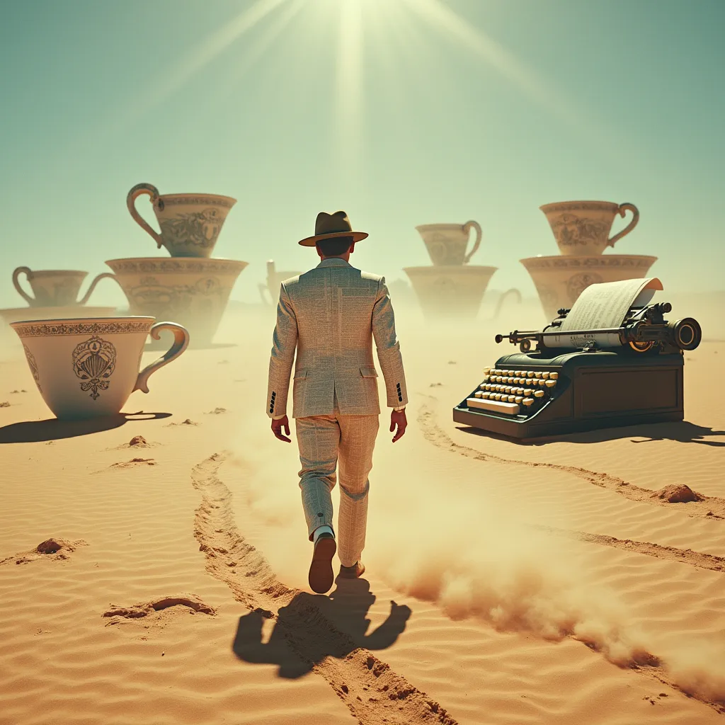 Prompt:   "A lone traveler walking through a desert of giant typewriters and teacups, wearing a suit made of newspaper, harsh sunlight casting long shadows, surrealism, absurdism, cinematic lighting."  

