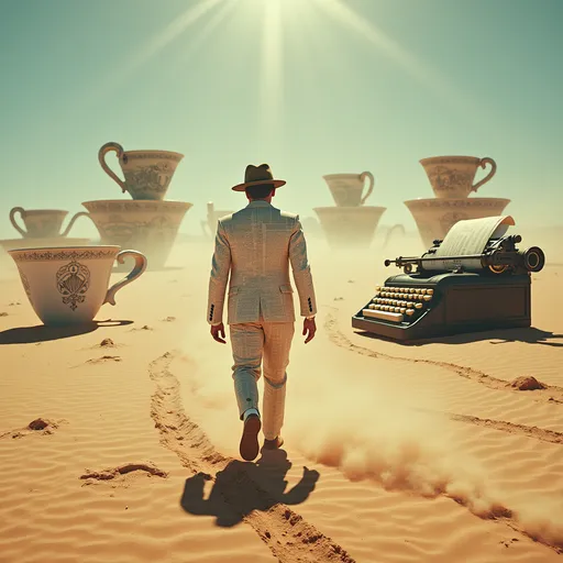 Prompt:   "A lone traveler walking through a desert of giant typewriters and teacups, wearing a suit made of newspaper, harsh sunlight casting long shadows, surrealism, absurdism, cinematic lighting."  

