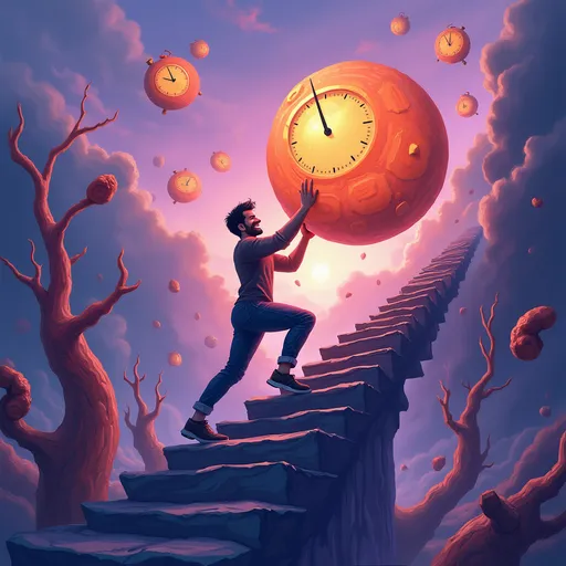 Prompt:  "A man pushing a giant glowing boulder up an endless staircase under a surreal purple sky, smiling defiantly, surrounded by floating clocks and melting trees, digital art, vibrant colors, absurdism theme."

