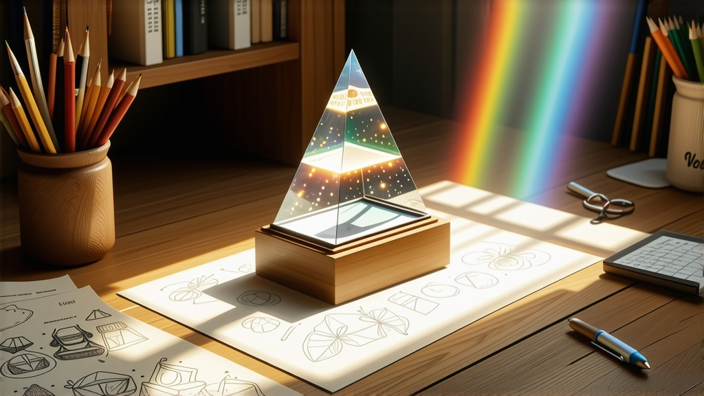 Prompt: (decorated prism holder on a desk), intricate sketches scattered all around, (two light sources casting vivid highlights), (two rainbows) emerging from the prism, warm ambient lighting creating a cozy atmosphere, softly shimmering colors reflecting off the surfaces, ultra-detailed textures showcasing artistic wooden desk, harmonious blend of creativity and magic, (4K) quality. 