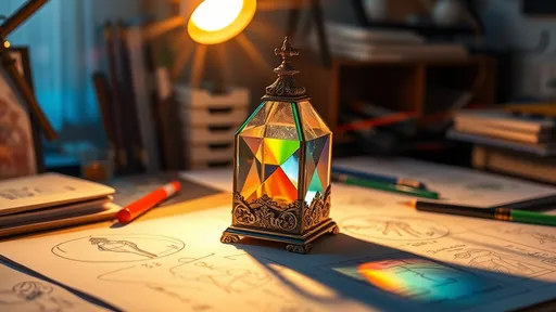 Prompt: (ultra-detailed) decorated prism holder, desk full of sketches, vibrant colors, beautiful light refractions, serene ambiance, two light sources casting delightful glows, producing two radiant rainbows, intricate details on sketches, soft shadows enhancing depth, warm golden light blending with cool blue tones, artist's workspace atmosphere.