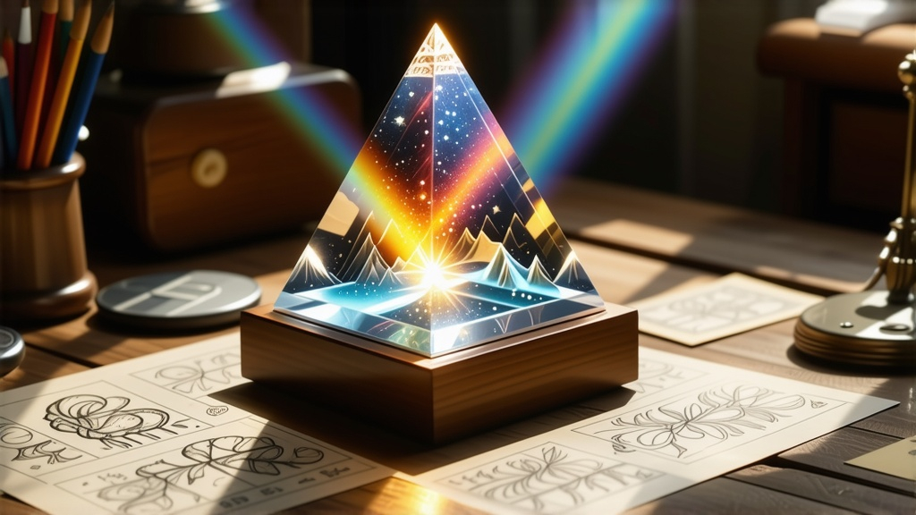 Prompt: (decorated prism holder on a desk), intricate sketches scattered all around, (two light sources casting vivid highlights), (two rainbows) emerging from the prism, warm ambient lighting creating a cozy atmosphere, softly shimmering colors reflecting off the surfaces, ultra-detailed textures showcasing artistic wooden desk, harmonious blend of creativity and magic, (4K) quality. 