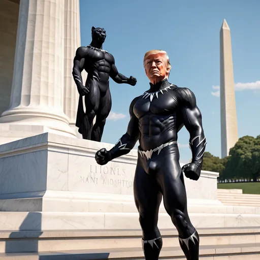 Prompt: Black panther like Donald Trump standing on the steps of the Lincoln Memorial with the Washington Monument in the background,, perfect composition, beautifully detailed complex insanely detailed octane render trending in artstation, 8k artistic photography, perfect light, perfect body, perfect eyes, full body image, blond hair,let donald trump face There was a wound on the right ear and raised the fist.