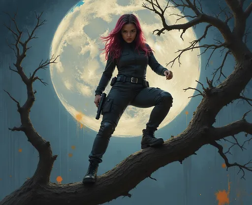 Prompt: A striking woman in form fitting tactical attire confidently traverses on foot, a dark, gnarled branch against a backdrop illuminated by a luminous full moon, her brilliant amber eyes piercing through the muted tones of the scene. The woman's thick, sleek hair, a rich blend of shiny dark-red and pink shades, captures the light beautifully, emphasizing her poised stance, skillfull balance, and alert expression. The abstract background features drips of vivid colors—blues, oranges, and yellows—that contrast with the simplicity of the moonlit night, suggesting an urban vibe intertwined with nature. This artwork radiates a sense of curiosity and adventure, evoking the playful spirit of a nimble young woman. 