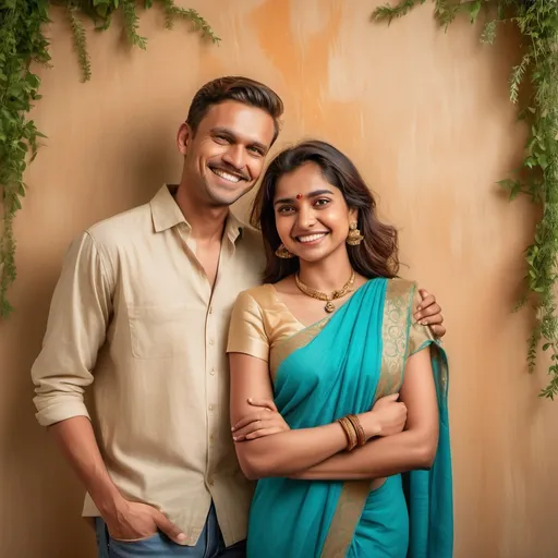 Prompt: A couple stands against a textured, light-colored wall adorned with greenery, evoking a warm evening atmosphere. The man, dressed in a light tan button-up shirt and blue jeans, has a confident smile, while the woman beside him radiates joy in her vibrant turquoise saree, enhanced with golden accents and ornate jewelry around her neck and wrists. Their poses are relaxed, with the woman elegantly clasping her hands together, conveying warmth and camaraderie. Soft, ambient lighting captures the intricate details of their attire, creating a cheerful and intimate mood that suggests a celebratory occasion or shared moment of happiness.
