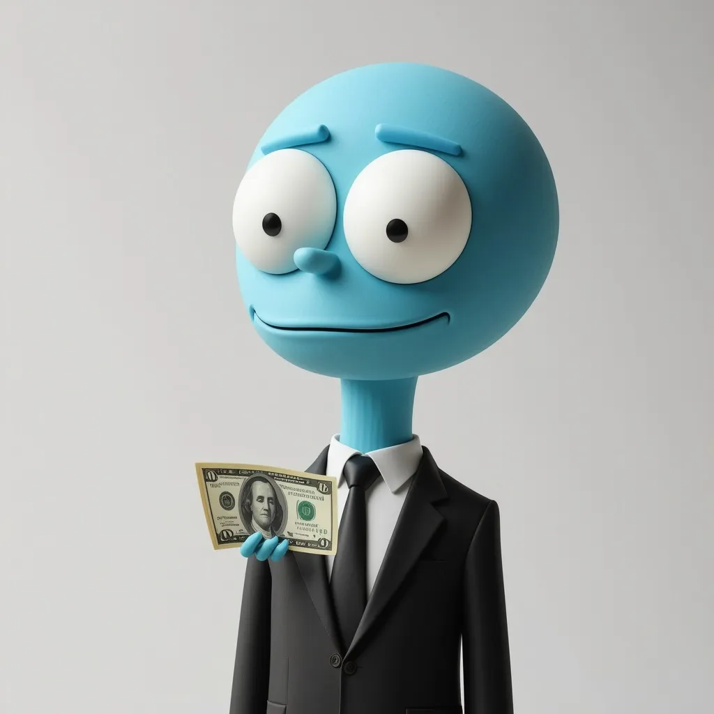 Prompt: Imagine Mr. Meeseeks with money