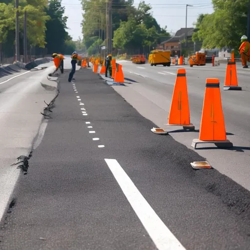 Prompt: construction men working on road paint traffic line and asphalt. 
