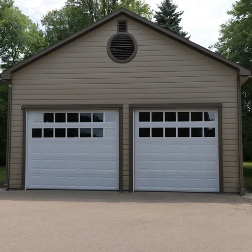 Prompt: garage.  37x27 foot.  2 overhead doors.  one 10x14 foot and one 10x8 foot.  2 windows on 37 foot side with a 36 inch walk in door.