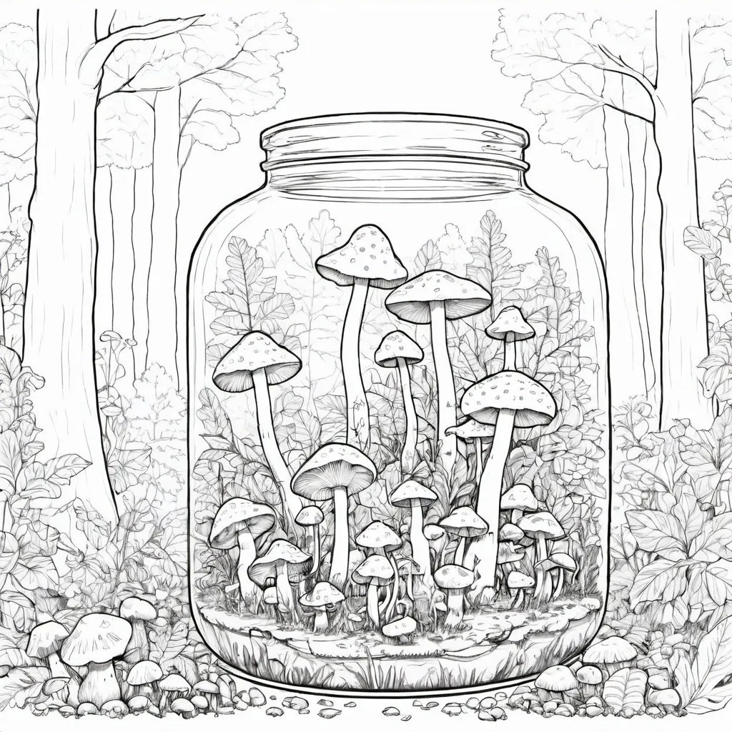 Prompt: mushrooms forest in jar 
