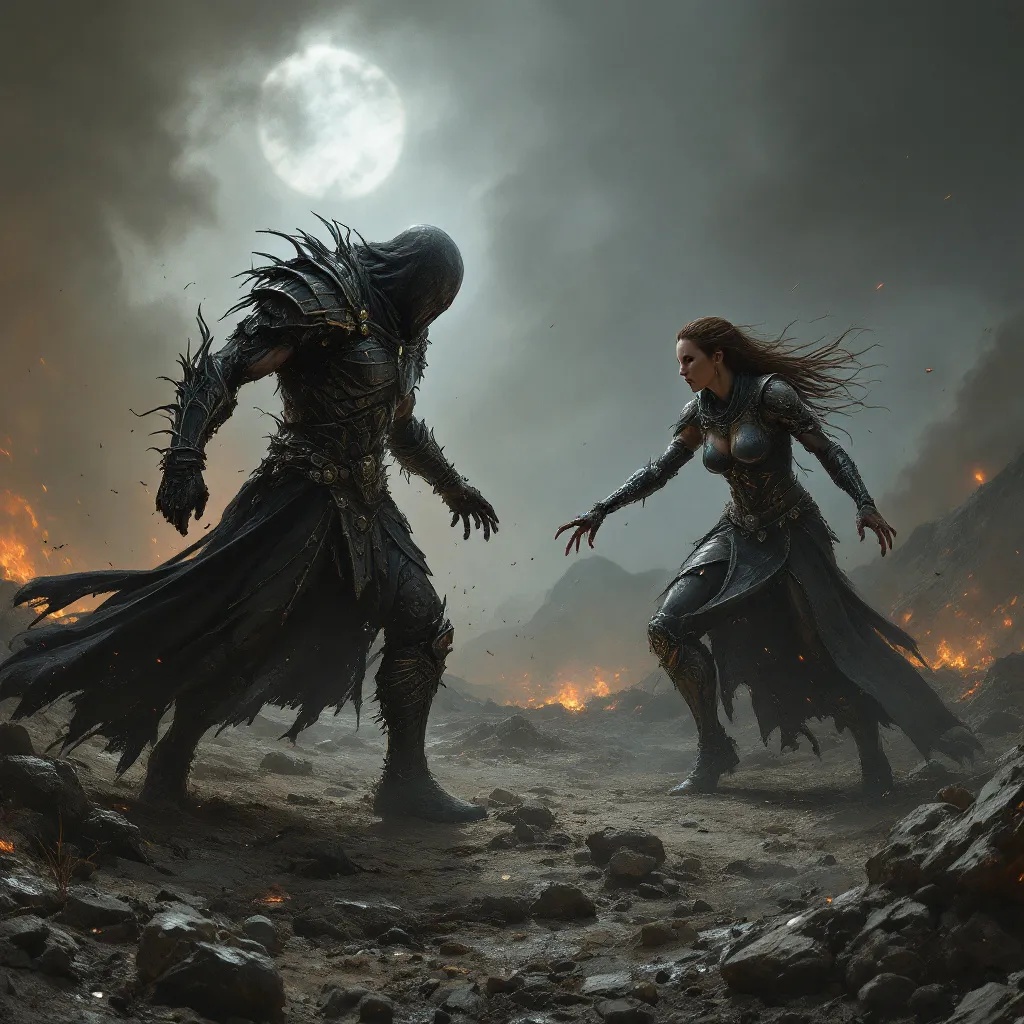 Prompt: Radahn and Malenia engaging in fierce battle, extremely detailed, intricate character design, both wounded and worn-out, Radahn standing menacingly, Malenia adjusting her prosthetic arm, vivid depiction of Caelid's desolate battlefield, ash covering the ground, eerie, somber atmosphere, dramatic lighting enhancing the epic tension, high contrast between dark and light, 4K ultra-detailed artwork, post-apocalyptic feel with wounded landscapes.keep the armors and body language lore accurate and detailed