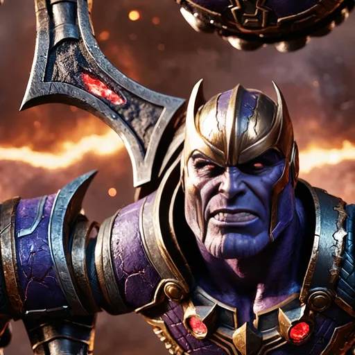 Prompt: Ultra-realistic fusion of Steppenwolf (DC) and Thanos (Marvel), a towering cosmic warlord with grayish-purple textured skin, glowing red eyes, sharp alien facial features, and an imposing muscular build. He wears battle-scarred black and chrome armor with crimson energy veins and jagged spikes. His weapon is a massive, rune-inscribed axe merged with a cracked Infinity Gauntlet radiating chaotic cosmic energy. Cinematic lighting, dramatic shadows, scorched battlefield background with burning skies and distant stars collapsing. Photorealistic textures, high detail, 8K, moody color grading, masterful depth of field, volumetric lighting, masterpiece, epic scale.