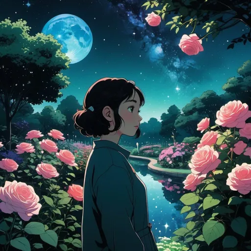Prompt: girl perfect aesthetic in a garden, natural dark light, Satoshi Kon style, lush, floral, rose, botanical, moody, space, stars, nebula, beautiful, garden, lake, good shading, nice composition, cinematic