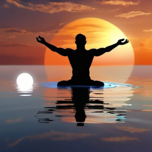 Prompt: make a very simple circler logo with sunset behind and the man bare chested boldheaded silhouette doing meditation arms open and an aura around him with reflection in water 