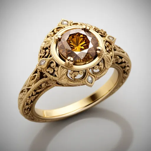 Prompt: Yellow gold engagement ring.  Cognac diamond as the main stone.  Ornate.