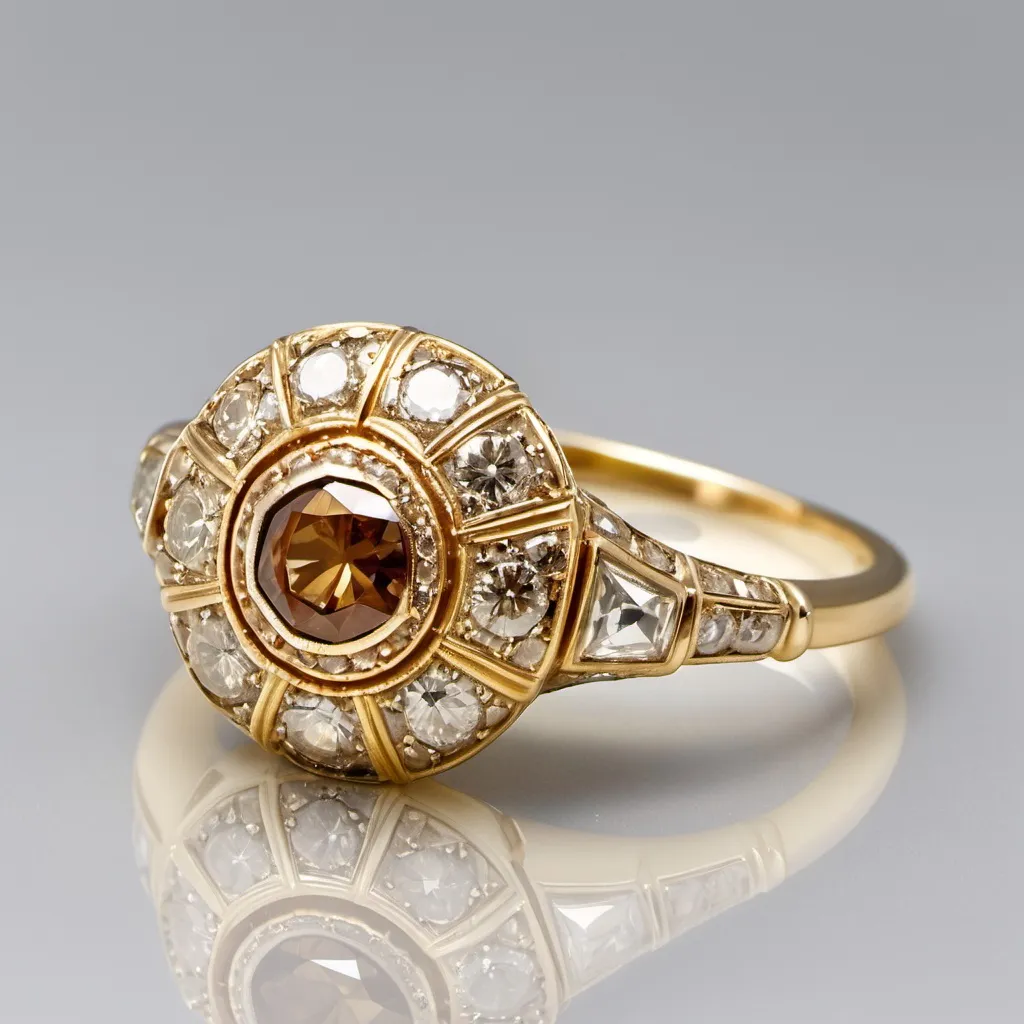 Prompt: This elegant ring showcases a 1 carat old European cut cognac diamond, set in yellow gold. Complementing the central stone are 92 old mine and old European cut diamonds, totaling approximately 0.8 carats, with H color and SI clarity, adding a dazzling halo and band detailing. Crafted in the style of Art Deco