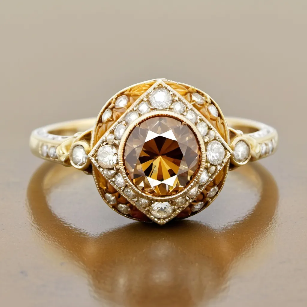 Prompt: This elegant ring showcases a 1 carat old European cut cognac diamond, set in yellow gold. Complementing the central stone are 100 old European cut diamonds, totaling approximately 0.8 carats, with H color and SI clarity, adding a dazzling halo and band detailing. Crafted in the style of Art Deco.