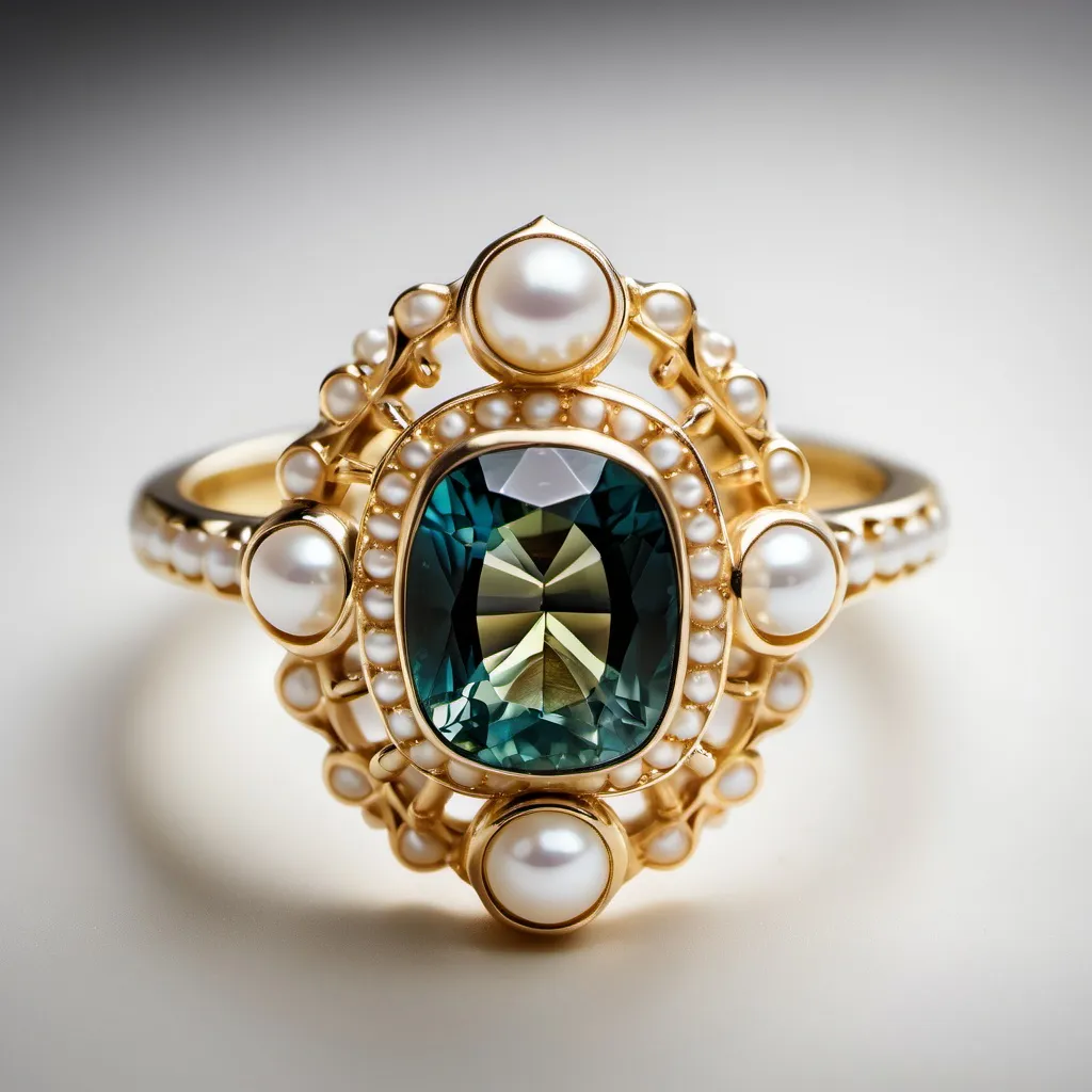 Prompt: A 14k yellow gold engagement ring which has the worlds rarest gemstone, surrounded by a halo of pearls.