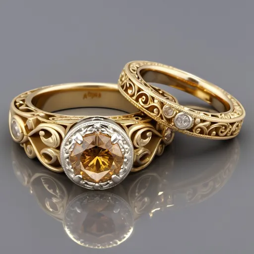 Prompt: Yellow gold engagement ring and non-fitted wedding band.  Cognac diamond as the main stone. Ornate Filigree.  Bezel.