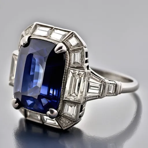 Prompt: This exquisite Art Deco platinum ring, dating from the 1930s, showcases a stunning 12.9-carat cushion cut blue sapphire from Sri Lanka, certified by GIA and untreated. Flanking the center stone are 4 elegant baguette cut blue sapphires, adding approximately 0.40 carats of additional brilliance.