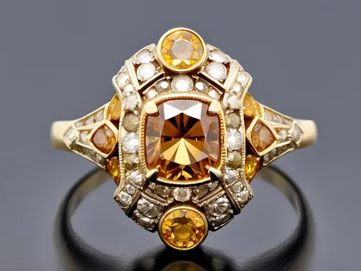 Prompt: This yellow gold ring, designed in the style of Art Deco, showcases a stunning 1.46-carat old European cut cognac diamond. Surrounding the center stone are 36 exquisite yellow sapphires, totaling approximately 2.5 carats, and 30 round brilliant cut champagne diamonds, adding approximately 0.3 carats of sparkle.