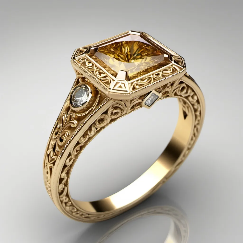 Prompt: Yellow gold engagement ring.  Designed to look like a rare heirloom that would have been given to royalty.  Ornate filigree.  Cognac diamond as the main stone.  Radiant cut.  Full basket.  Full bezel.