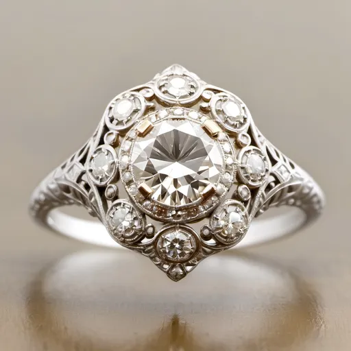 Prompt: This elegant ring showcases a 1 carat old European diamond, Edwardian .  Double halo.  High shoulders.  Filigree