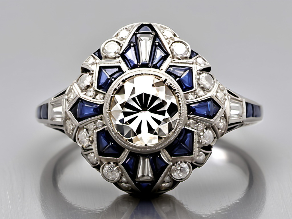 Prompt: This modern ring, designed in the style of Art Deco, showcases a stunning 1.46-carat old European cut diamond, with a captivating L color and VS clarity. Surrounding the center stone are 36 exquisite blue cabochon cut sapphires, totaling approximately 2.5 carats, and 30 round brilliant cut diamonds, adding approximately 0.3 carats of sparkle with H color and VS clarity. Crafted in platinum