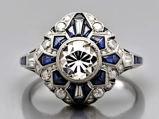 Prompt: This modern ring, designed in the style of Art Deco, showcases a stunning 1.46-carat old European cut diamond, with a captivating L color and VS clarity. Surrounding the center stone are 36 exquisite blue cabochon cut sapphires, totaling approximately 2.5 carats, and 30 round brilliant cut diamonds, adding approximately 0.3 carats of sparkle with H color and VS clarity. Crafted in platinum