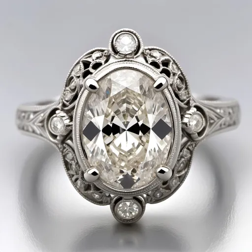 Prompt: 14k platinum ring with a 2 carat center oval colorless diamond with perfect clarity.  Bezel.  Ornate miligrain.