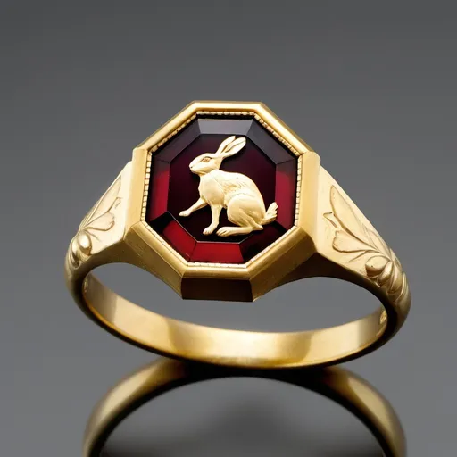 Prompt: This is a gold ring with an octagonal or polygonal-shaped bezel featuring a deep red or ruby-colored gemstone, possibly garnet or glass, inset into it. The gemstone is faceted, giving it a slight reflective shimmer. At the center of the gemstone, there is a delicate, gold-colored design of a small hare or rabbit, depicted in a sitting position with its front paws raised. The rabbit seems to be crafted in a slightly raised, embossed style, adding texture and dimension. The band of the ring is thin and simple, with the gold metal maintaining a consistent color throughout.

If you were to recreate this ring, you would need:
- A deep red faceted gemstone (preferably octagonal or hexagonal in shape).
- A gold or gold-plated ring setting, matching the polygonal shape of the stone.
- An embossed or raised hare design in gold, placed centrally on the gemstone.
- A simple, thin gold band to hold the stone.