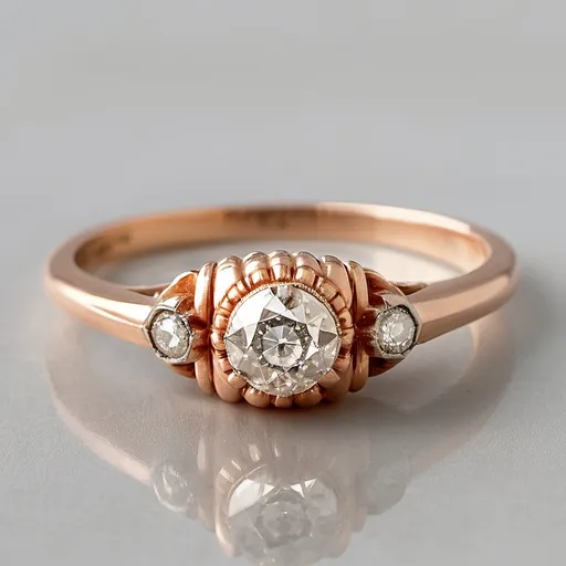 Prompt: This charming Retro ring from the 1940s is a beautiful example of vintage elegance. Crafted in luxurious 18K rose gold, the ring features a dazzling round brilliant cut diamond at its center, weighing approximately 0.10 carats. The diamond, with its J color and SI2 clarity, adds a subtle sparkle that complements the warm hue of the rose gold.