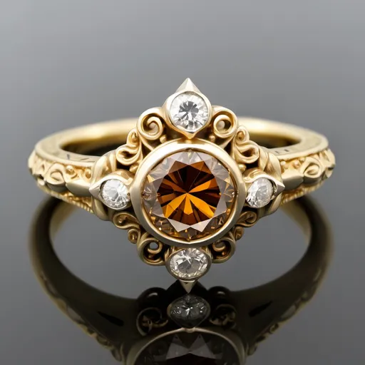 Prompt: A cognac diamond.  Yellow gold band.  Titanic inspired ornate ring.