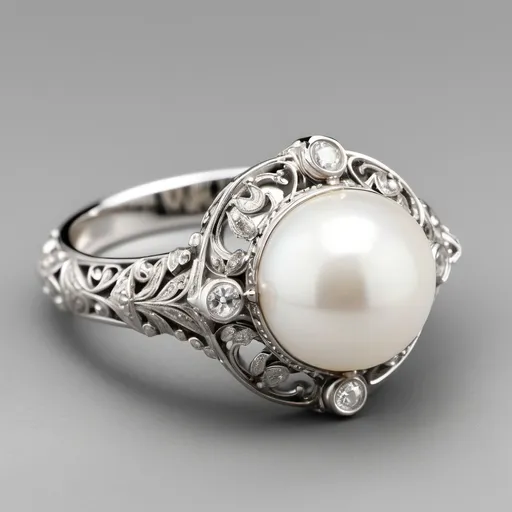 Prompt: This is an intricately designed platinum ring featuring a central pearl.  The large ring is surrounded by an elaborate arrangement of small pieces of metal. The setting around the central stone is detailed with ornate filigree work, adding texture and depth. The white platinum band also has delicate patterns, giving the ring a luxurious and vintage-inspired appearance. The overall design blends elegance with a bold, antique flair.