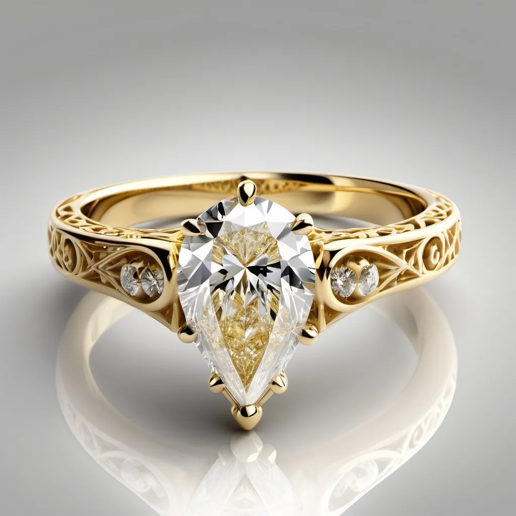 Prompt: A solitaire pear cut ring.
Yellow gold.
Heavy filigree
Diamond with perfect clarity.