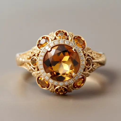 Prompt: **Base Material**: The ring is made of **yellow gold**, giving it a luxurious and rich appearance. The warm gold contrasts beautifully with the gemstone and the surrounding details.

- **Center Stone**: At the heart of the ring is a **round-cut gemstone** in a deep, rich **cognac brown** color. This gemstone, possibly a citrine or brown diamond, is held securely in place by a **six-prong setting**. The prongs are polished and thick, allowing the center stone to remain the focal point.

- **Halo and Surrounding Design**: Surrounding the center stone is an intricate **filigree** halo that integrates small **pear-shaped and round diamonds**. The pear-shaped diamonds are placed in golden bezels with milgrain detailing, adding a vintage charm. The diamonds are arranged around the center stone in a flower-like or celestial pattern, giving a sense of symmetry and balance.

- **Milgrain Detailing**: The edges of the filigree and bezel settings are adorned with **milgrain** accents, tiny metal beadwork that adds texture and depth to the overall design. This gives the ring an antique or vintage feel while still looking opulent and elegant.

This ring showcases a mix of **Art Nouveau** or **Victorian** influences with its organic, floral patterns and detailed gold work, while the deep hue of the center stone brings modern contrast and sophistication.