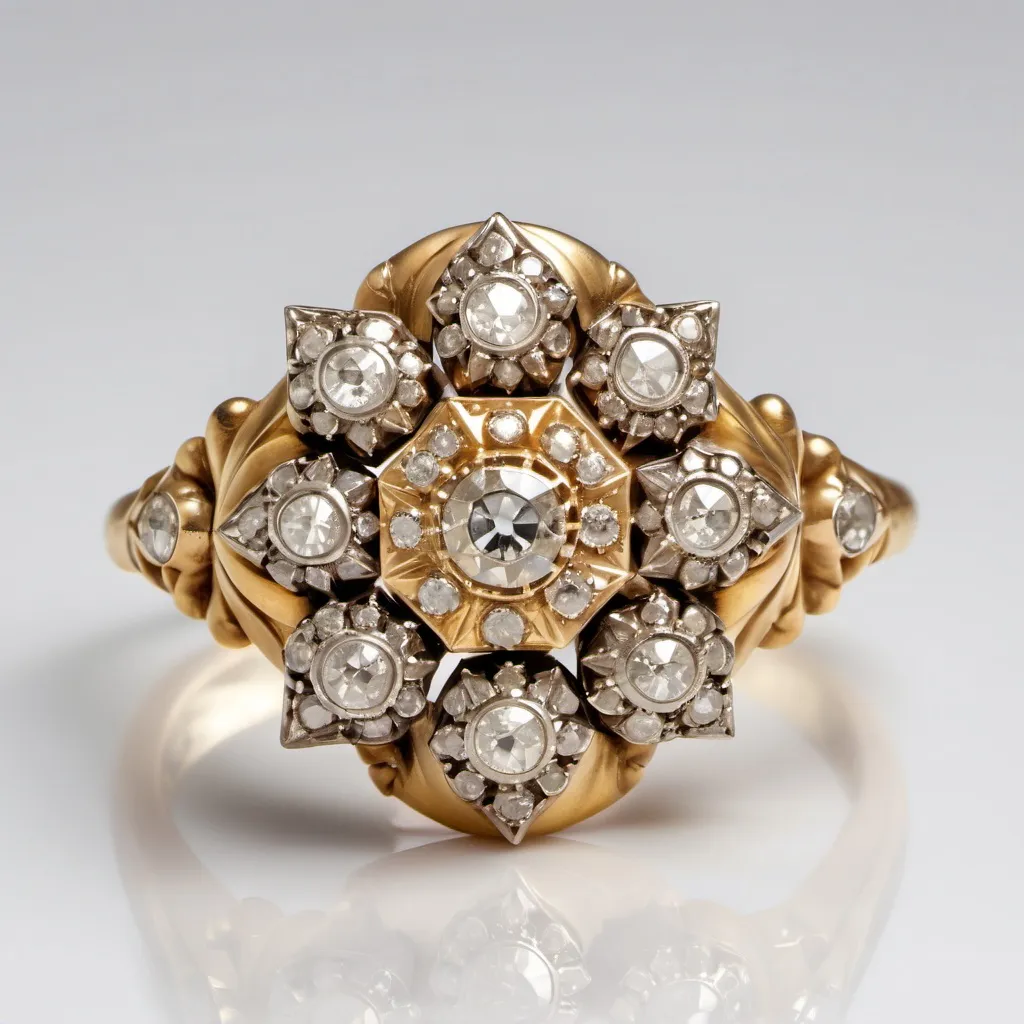 Prompt: This antique ring from the 1870s showcases 35 stunning old mine and rose cut diamonds, totaling approximately 0.8 carats, with I-J color and VS clarity. Crafted from a beautiful combination of 18K yellow gold and silver, this piece reflects the intricate craftsmanship of the late 19th century.