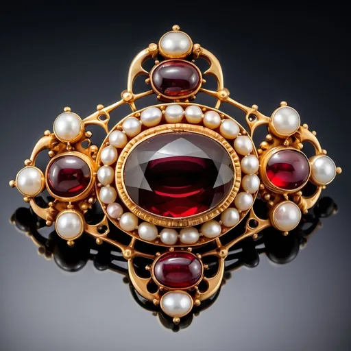 Prompt: Step into the Victorian era with this poignant mourning brooch, crafted in the 1870s. The piece features a prominent 4.5-carat oval cut red garnet, rich in color and depth, which is beautifully accented by four luminous pearls. The setting is made of 18k yellow gold, enhancing the warm tones of the garnet and pearls. A unique glass back containing a lock of hair, a common element in Victorian mourning jewelry, adds a deeply personal touch, reflecting the era's customs of remembrance.