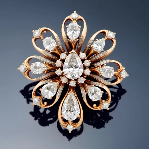 Prompt: Embrace the enchanting beauty of the Victorian era with this exquisite floral brooch. A true marvel of craftsmanship, this ring features a stunning array of diamonds, creating a captivating bouquet design. The centerpiece is adorned with an antique pear cut diamond, adding a focal point of elegance. Enhancing its allure are old mine cut diamonds, showcasing their unique charm and brilliance. Crafted in 14 karat yellow gold, this brooch showcases the intricate detailing and elegance of the era. Dating back to the Victorian era, this ring is a timeless piece that exudes sophistication and vintage charm.